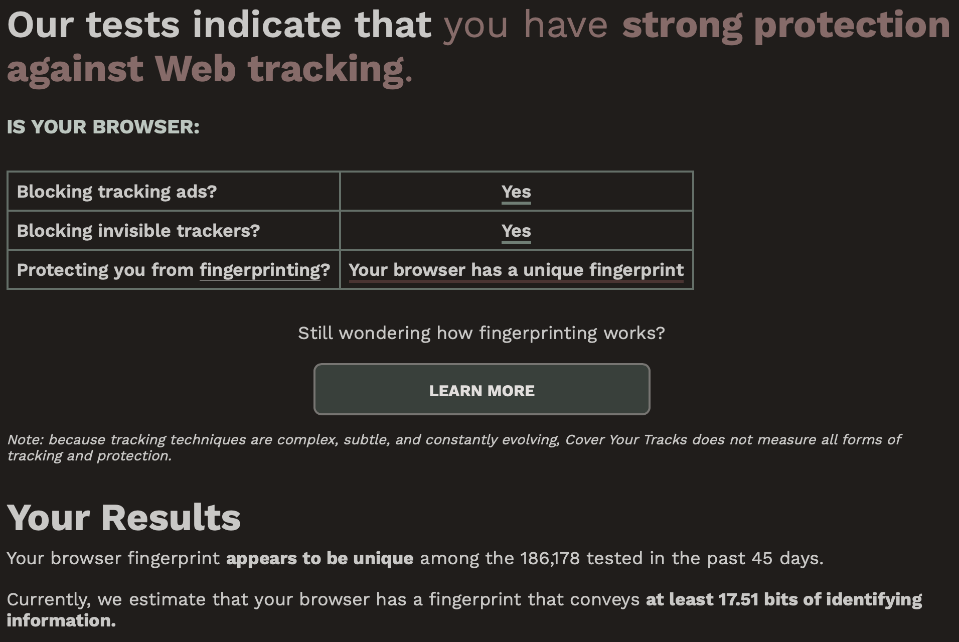 Screenshot of results showing a score of 17.51 bits of trackable information
