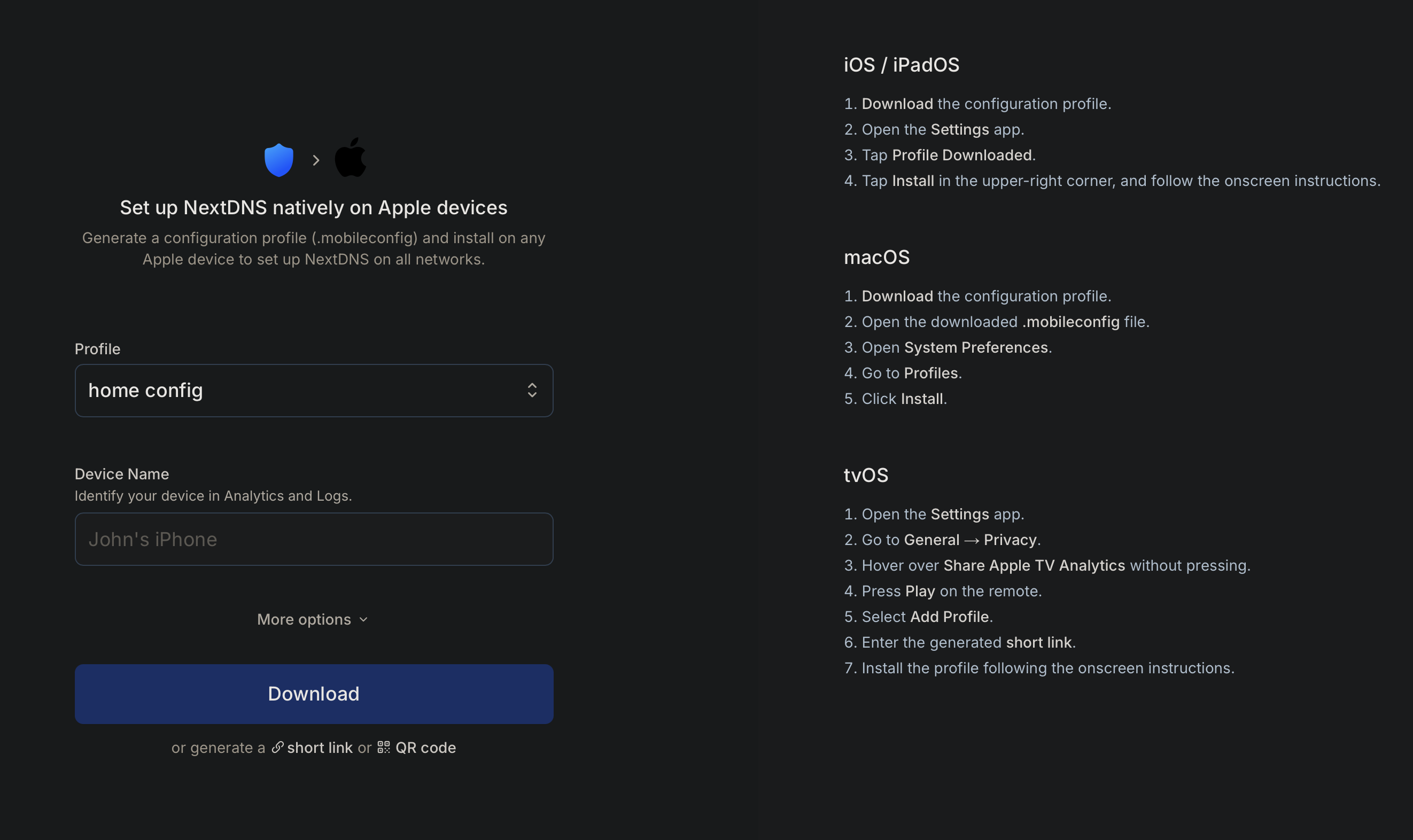 Screenshot of the NextDNS MDM configuration generation page for Apple devices