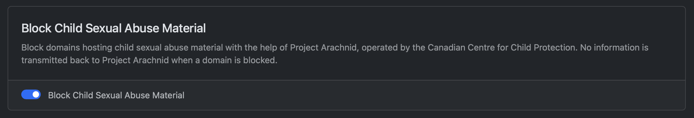 A screenshot of NextDNS showing the CSAM toggleable enabled
