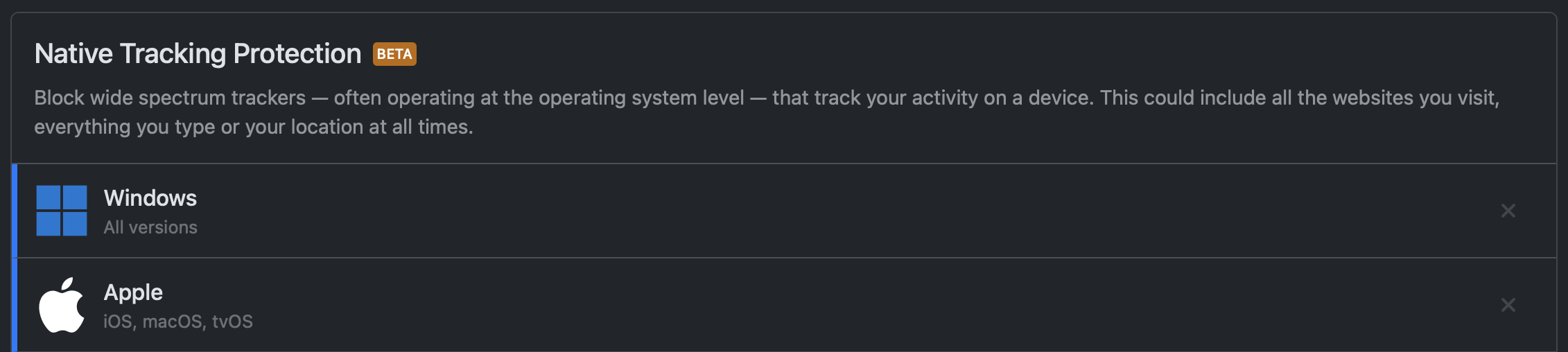 A screenshot of NextDNS showing the OS tracking toggles