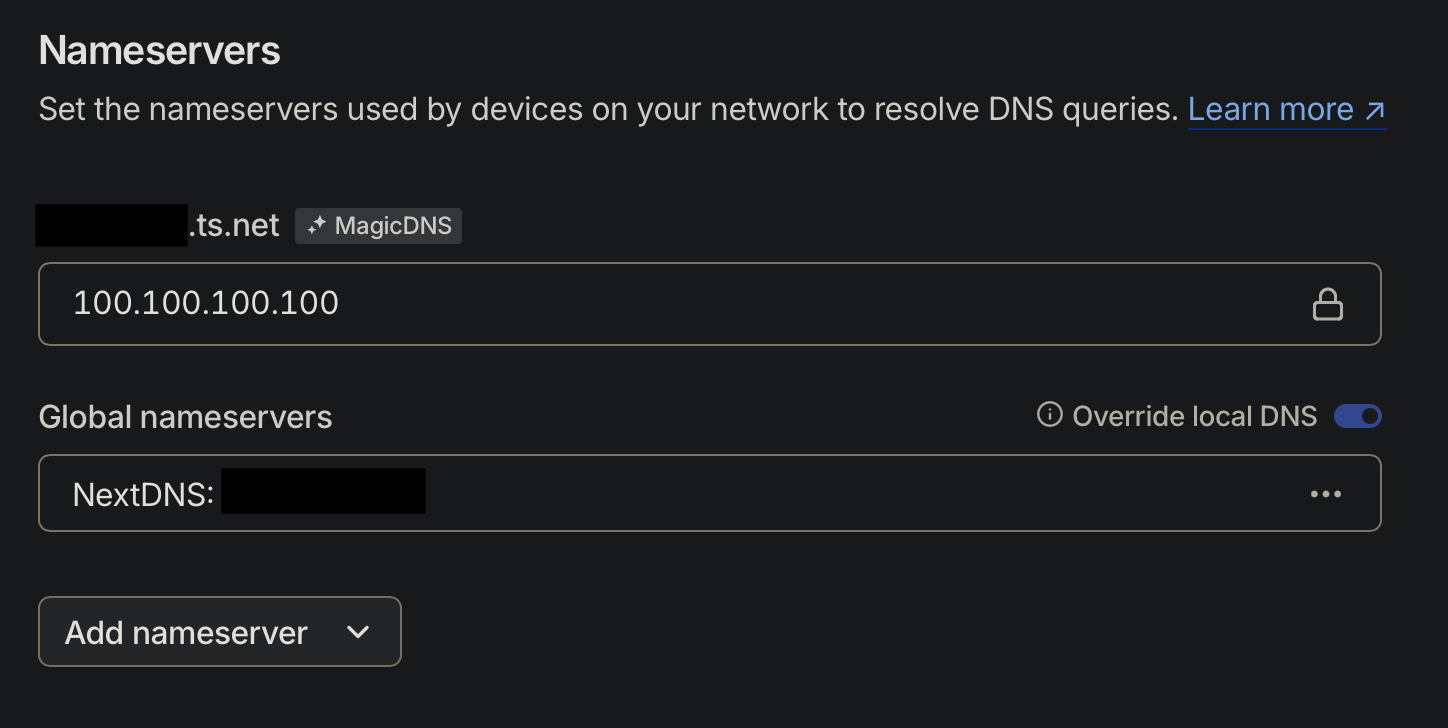 Screenshot showing that NextDNS is configured to be used as the upstream DNS provider for my TailScale TailNet